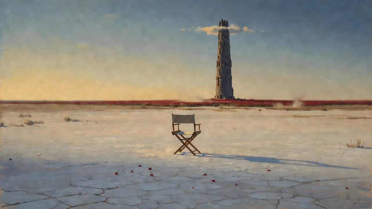 An empty director’s chair alone on a cracked white desert at dawn, the Dark Tower small on the horizon.