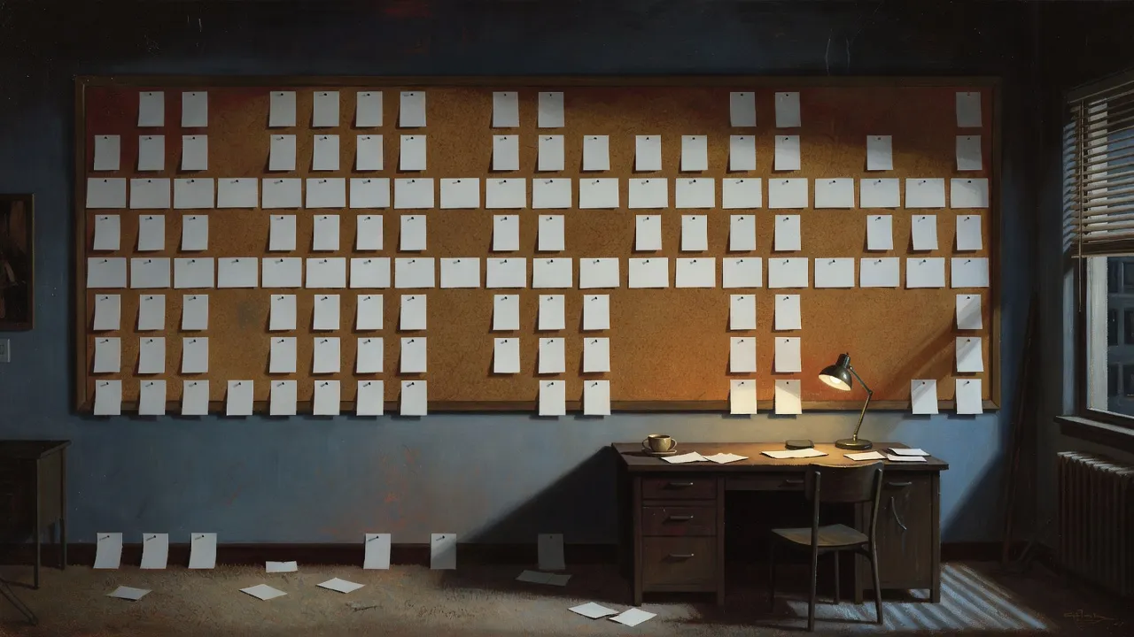 A dark office at night with a corkboard wall of blank storyboard cards and a single desk lamp.
