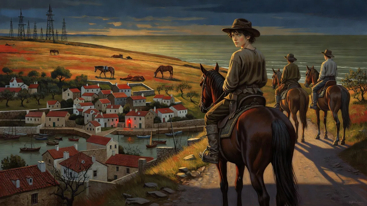 A boy on horseback at dusk looks down from a coast road on a small fishing town and a long grass slope running to the sea.