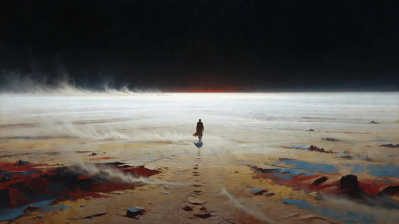 A tiny silhouetted figure walks away across a vast white desert under a near-black sky.