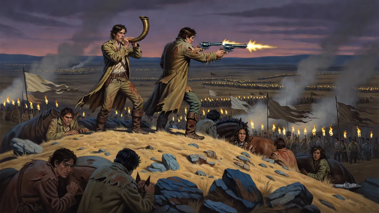 On a hilltop at dusk a young gunslinger blows a great horn while a few companions fire down at an enemy host filling the plain.