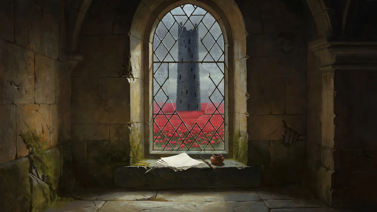 Through a narrow window of rippled old glass, the Dark Tower stands above a field of roses, its outline faintly bent.