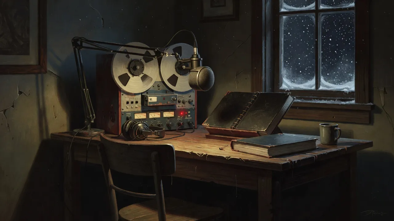 A lamplit recording room with a reel-to-reel tape deck, a large microphone and an open book on a stand, the chair pushed back.