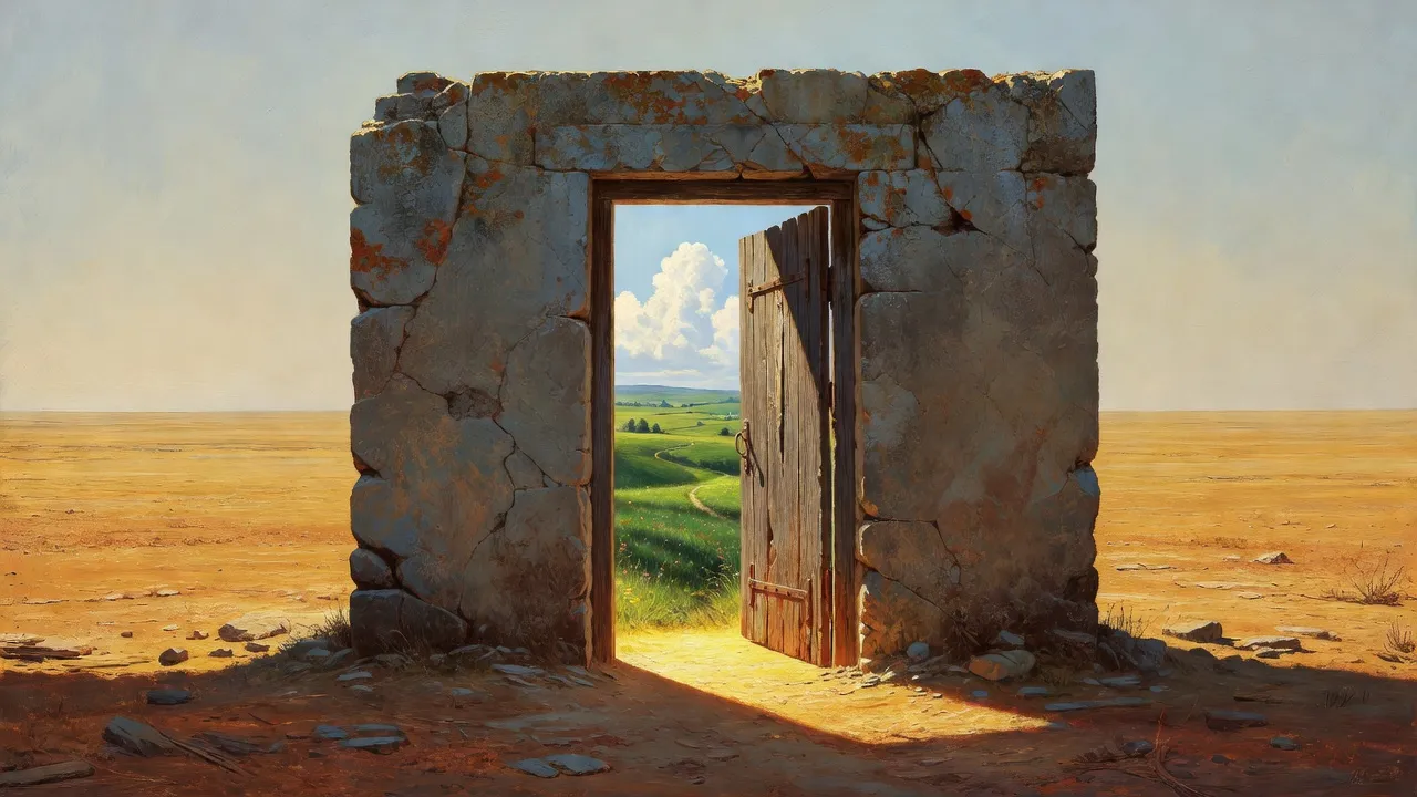 A heavy wooden door in a lone crumbling stone wall on a dry plain stands open onto green rolling fields under a blue sky.