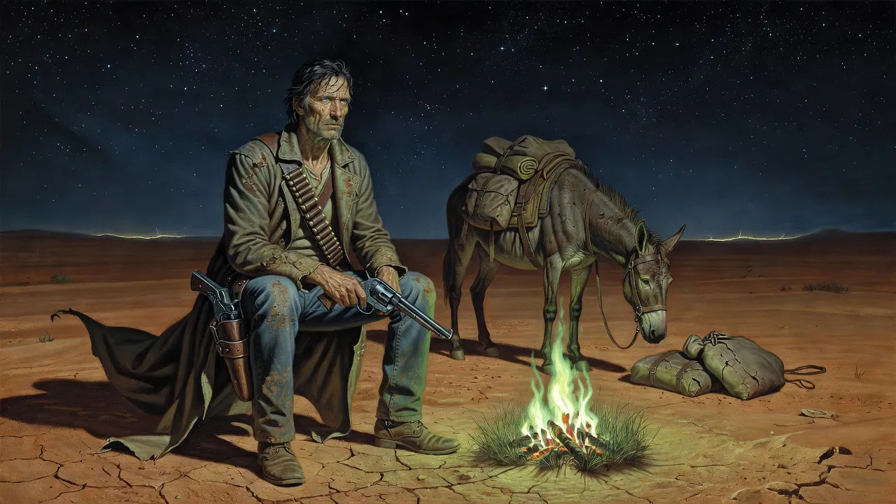 Roland sits by a small green-burning campfire in the desert at night with his mule standing behind him.