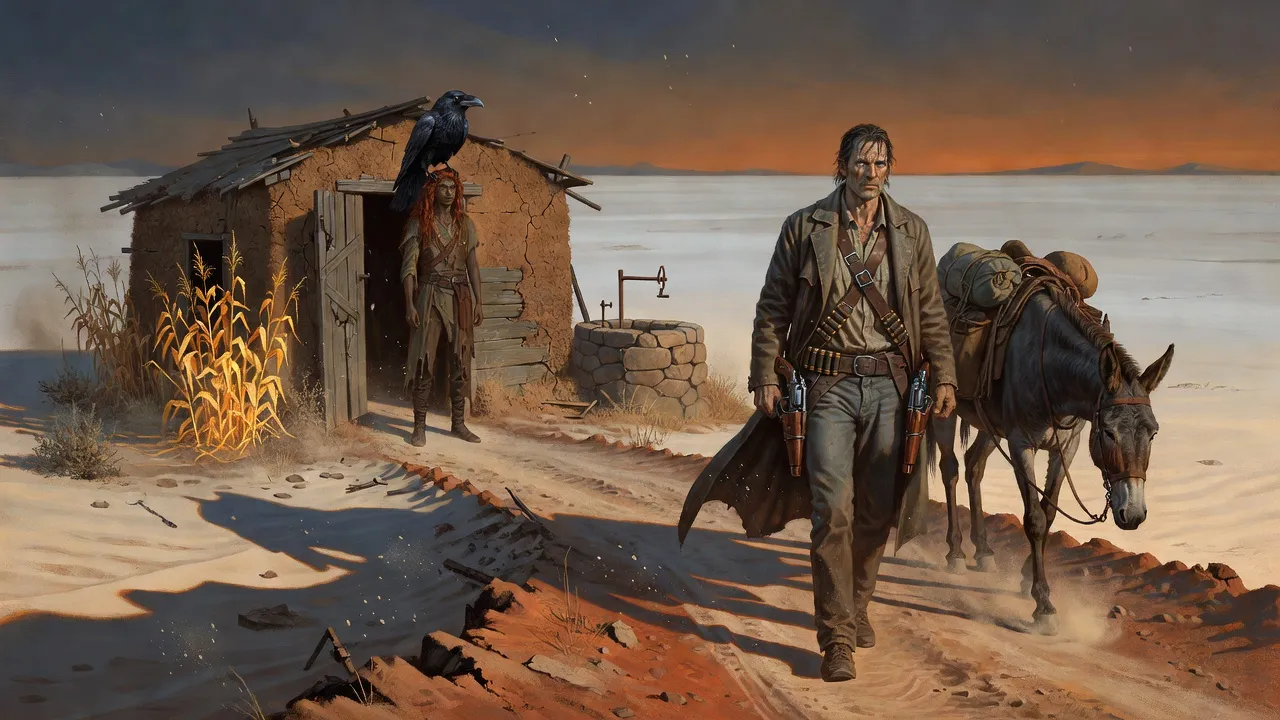 A red-haired young man with a raven on his shoulder stands at a desert hut as Roland arrives leading a mule.