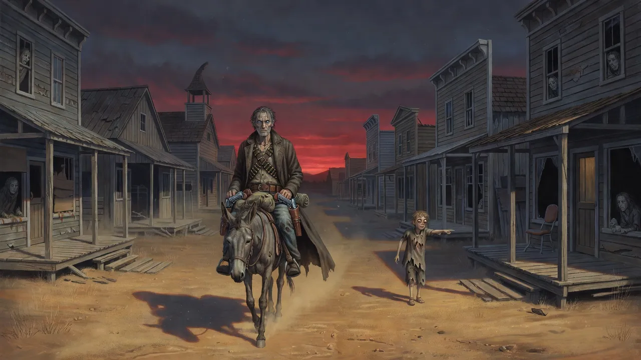 Roland rides a mule down a dusty one-street town at dusk while a small boy points toward a lit saloon door.