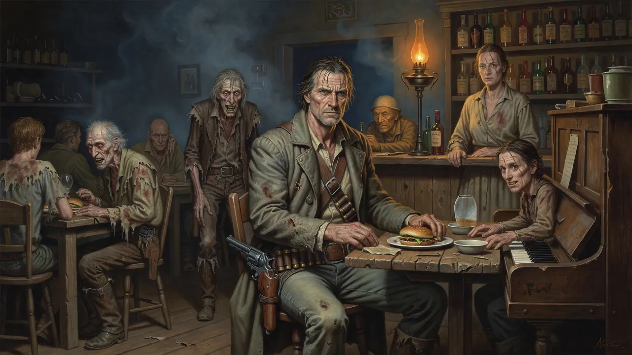 Inside a smoky saloon a small man plays an upright piano, a grey man shuffles between tables, and Roland eats alone under every eye.