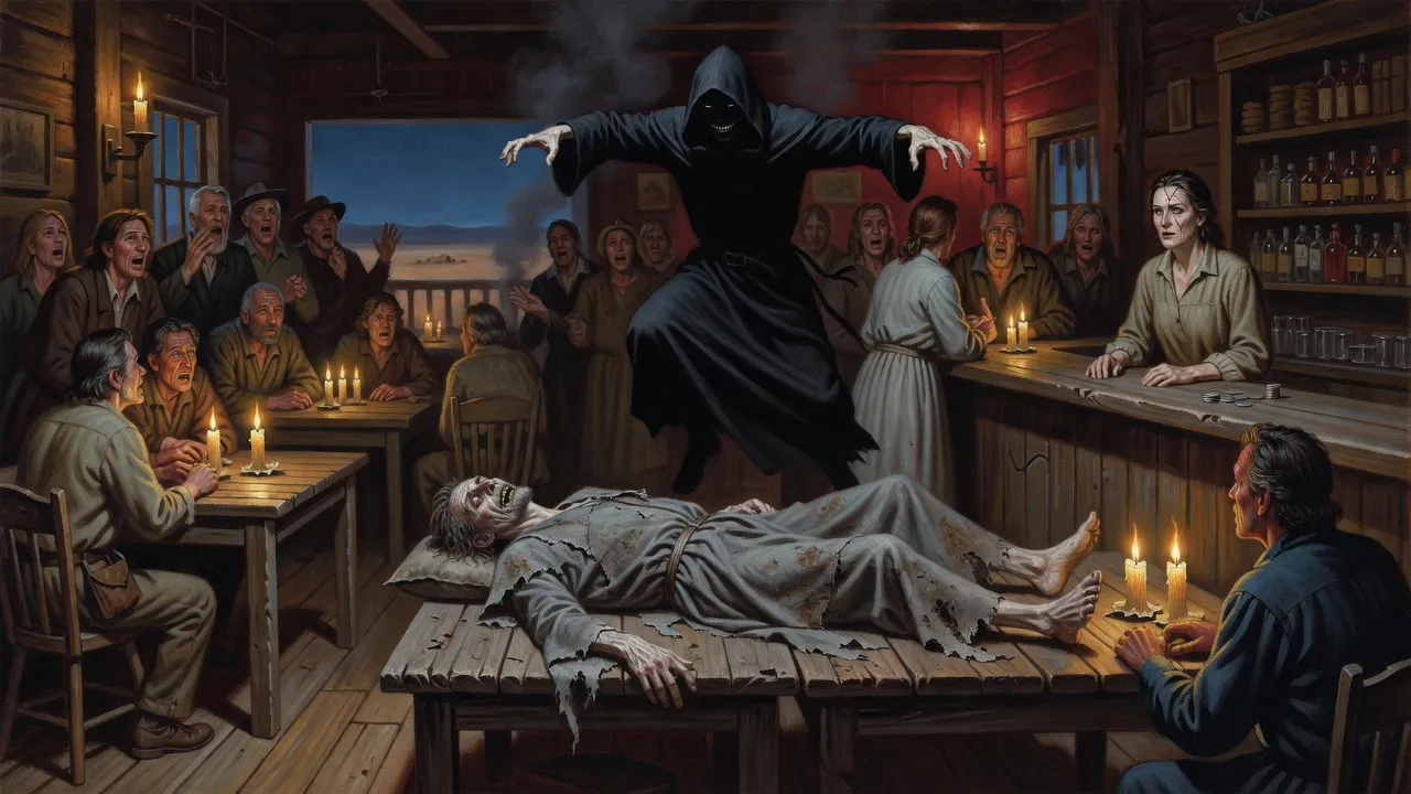A hooded figure in black leaps over a corpse laid out on saloon tables while townsfolk shrink against the walls.