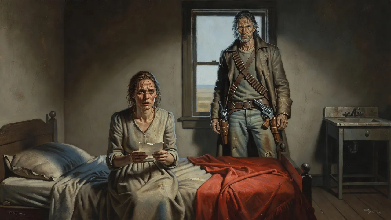 Allie sits on a bed holding a folded note while Roland stands at the window behind her.