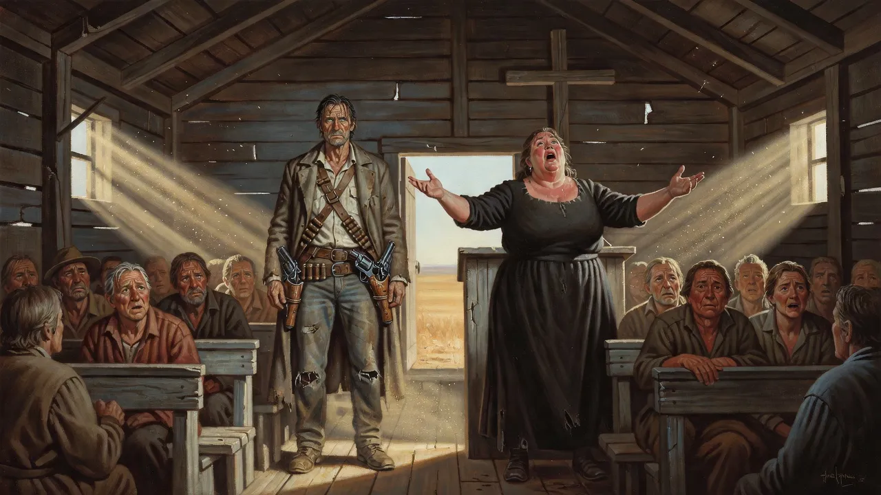 A huge woman preaches from a rough pulpit to a swaying crowd in a plank church while Roland stands at the back.