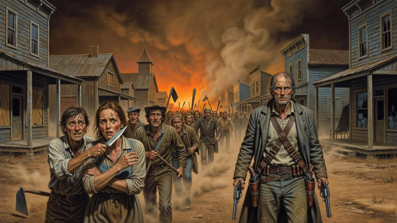 A mob with hoes, stakes and knives advances down a dust-choked street with a woman held at knifepoint at its front, facing a lone gunslinger.