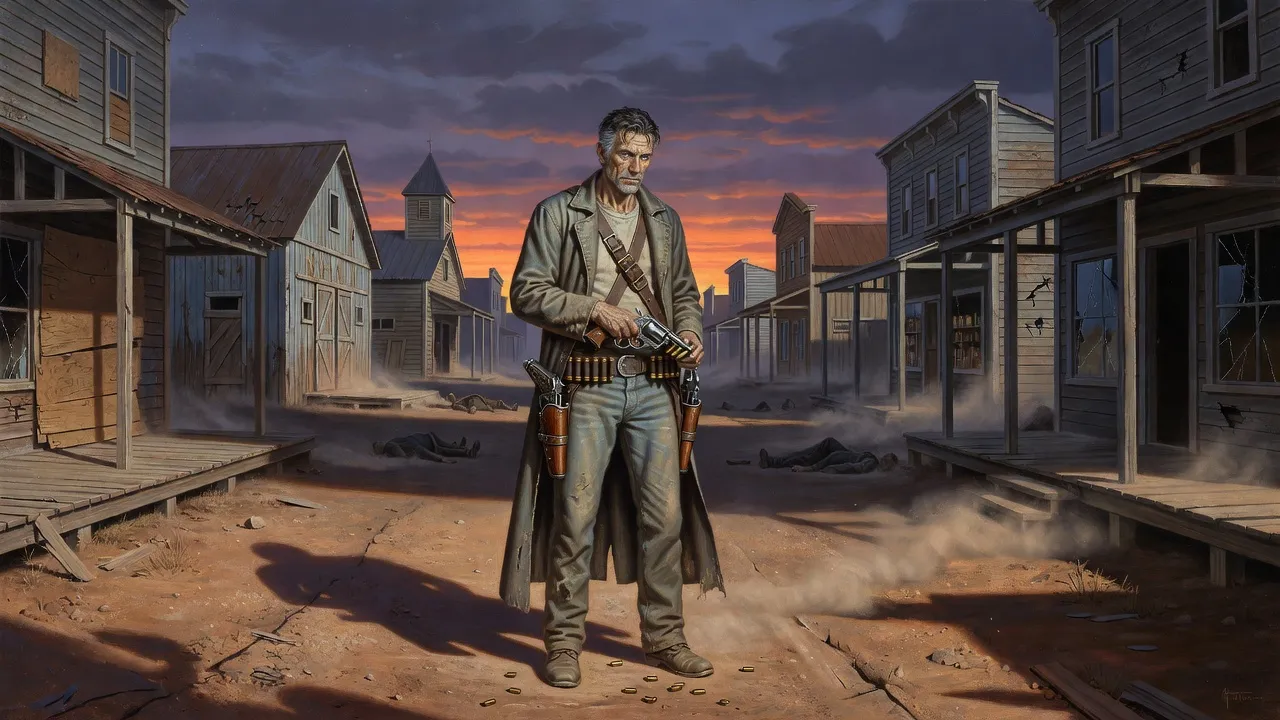 Roland stands alone reloading in an empty street after a storm, spent cartridges at his feet, dim shapes lying in the dust far behind him.