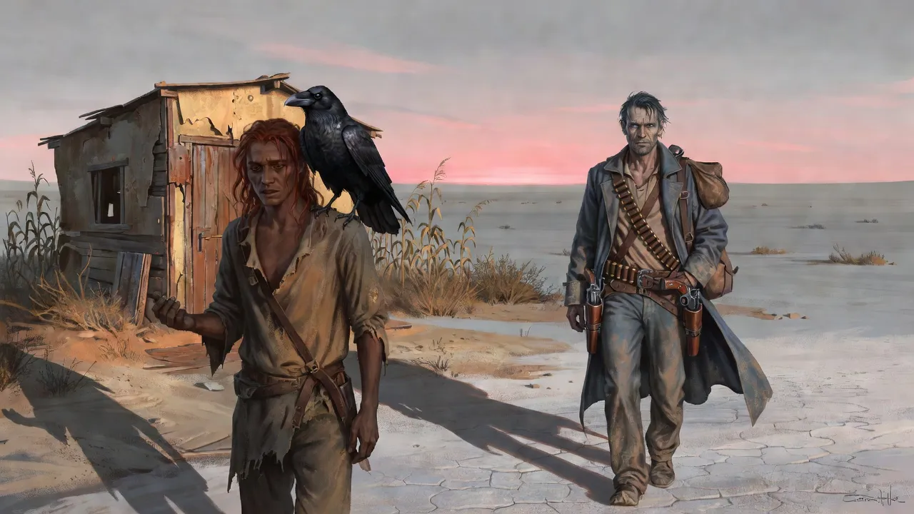 Roland walks away into a white desert at dawn while a red-haired man with a raven on his shoulder watches from the door of a hut.