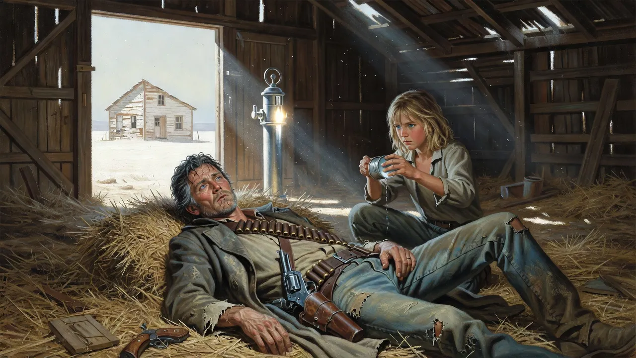 A blond boy kneels in a dim barn tipping water into the mouth of a collapsed gunslinger.