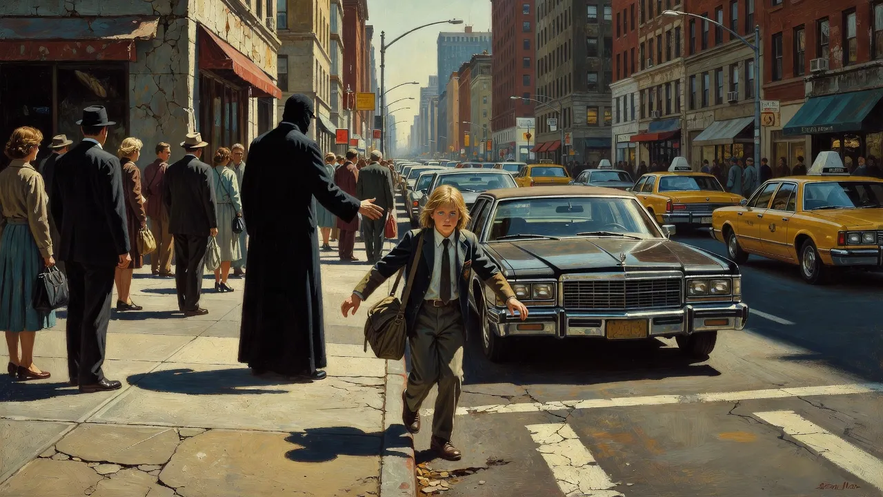 A boy in a school blazer stumbles off a curb into traffic as a dark car bears down and a man in black stands behind him.