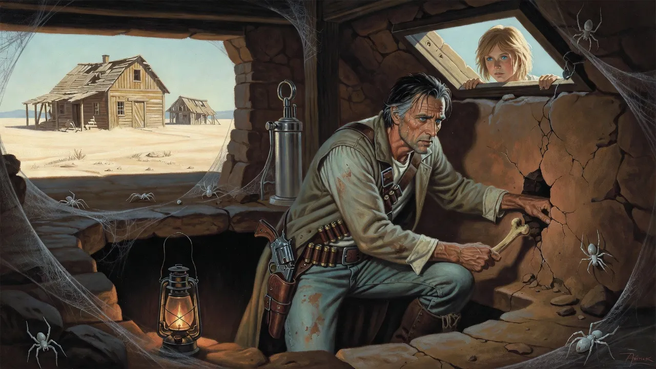 Roland crouches in a lantern-lit cellar with his arm thrust into a cracked wall, pulling out a jawbone, while a boy looks down through a trapdoor.