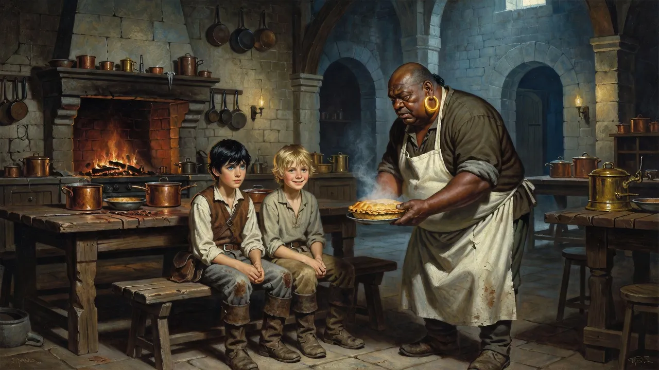A huge cook with a gold earring sets a pie before two small boys on a bench in a vast castle kitchen.