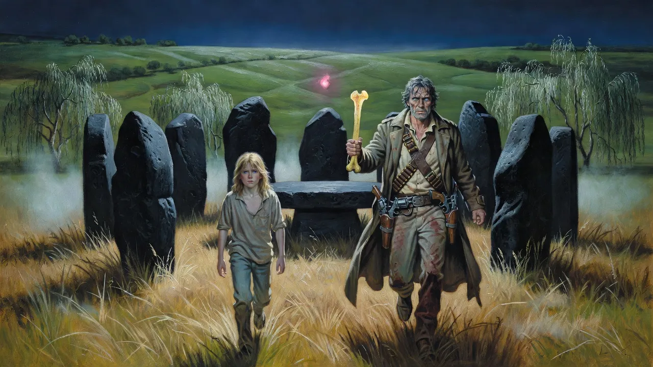 A boy walks like a sleepwalker toward a stone altar inside a moonlit ring of black standing stones as Roland runs after him with a jawbone raised.