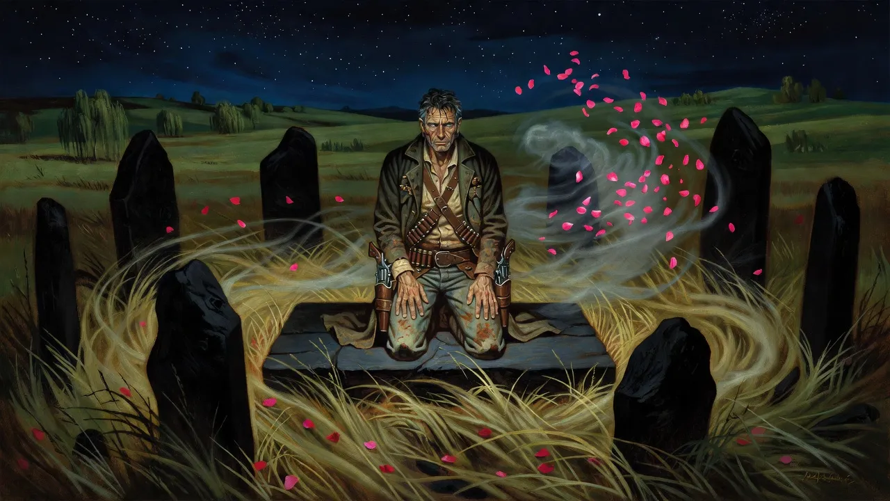 Roland kneels alone on an altar stone at night as the grass and mist around him flatten and swirl in the shape of a wind.