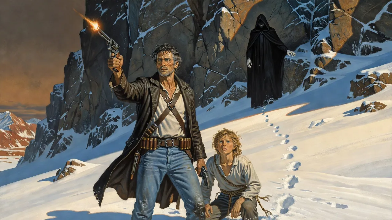 On a snowfield below a granite cliff Roland fires upward at a tiny hooded figure while a boy roped to him looks up.
