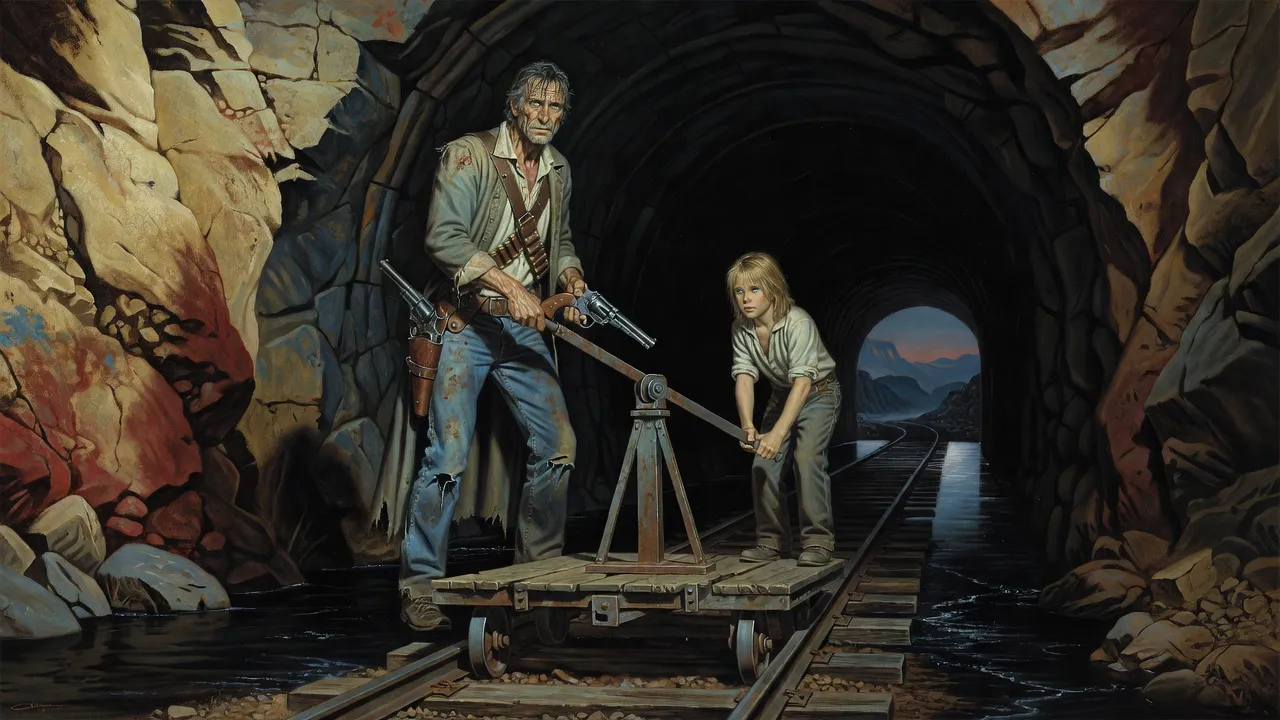 Roland and a boy pump a handcar along old rails through a black tunnel beside an underground river.