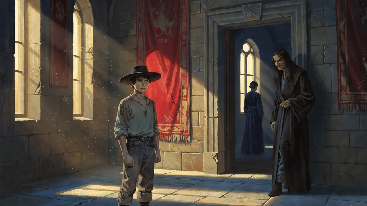 A boy stands rigid in a sunlit castle corridor facing a smiling robed man in a doorway, a woman turned away in the room beyond.