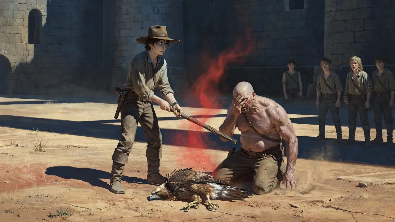A fourteen-year-old boy stands over a huge scarred man kneeling in the dust with a hand over his eye, the boy holding an ironwood stick, a dead hawk between them.
