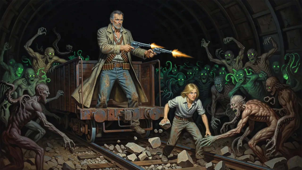 Green-glowing misshapen creatures swarm a stopped handcar in a tunnel as Roland fires down into them and a boy heaves rocks off the rails.