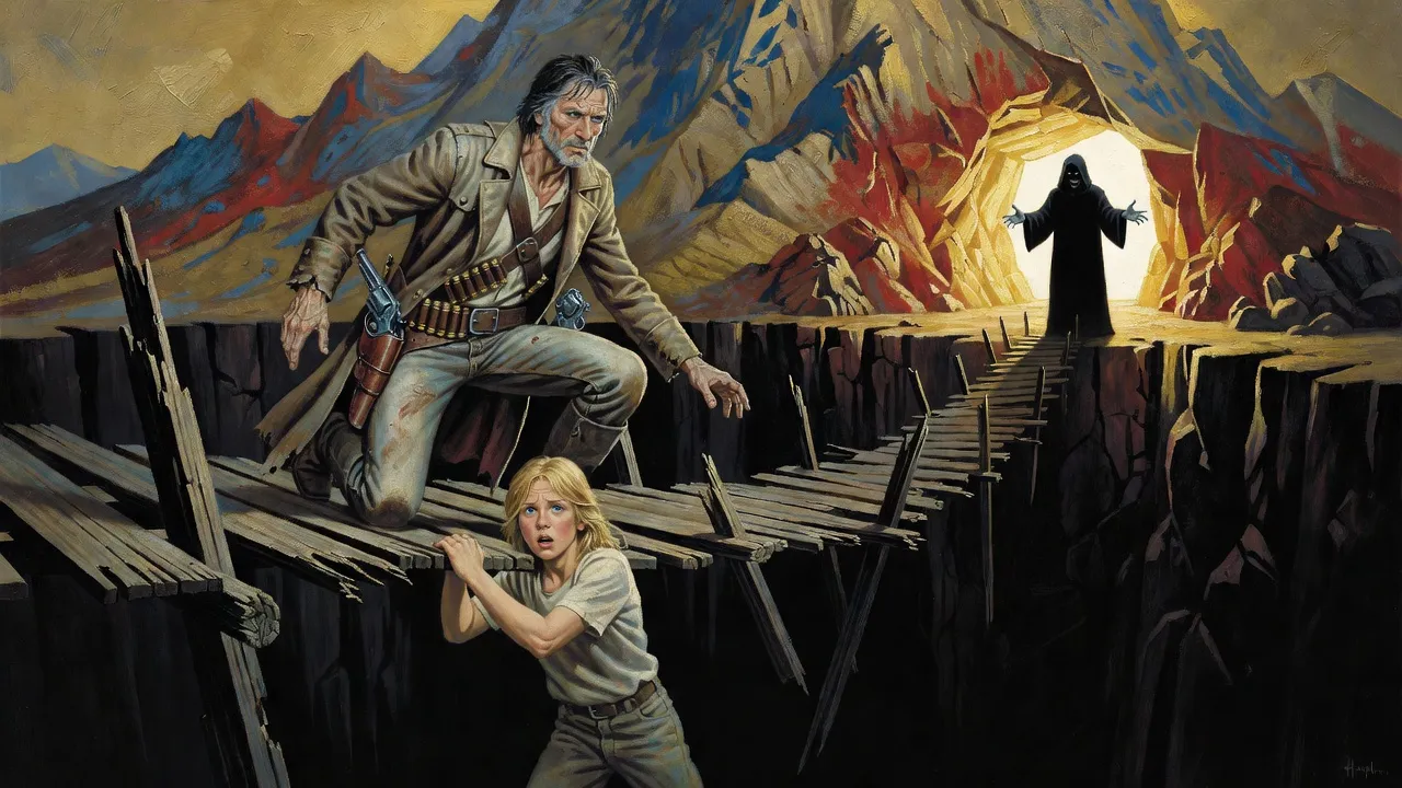 A boy hangs by one hand from a rotten trestle over a black chasm while Roland, above him, looks up toward a man in black standing higher still against the daylight.