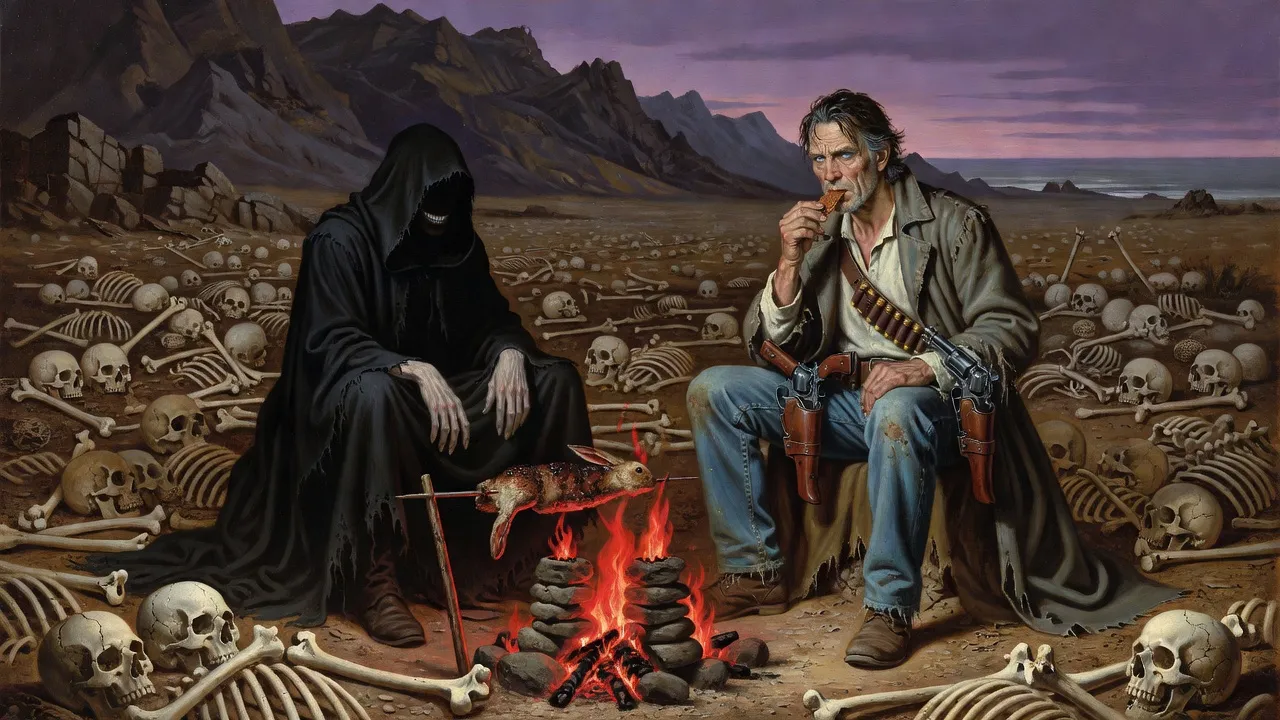 A hooded man in black and a gunslinger sit across a small fire in a hollow full of bones at dusk.