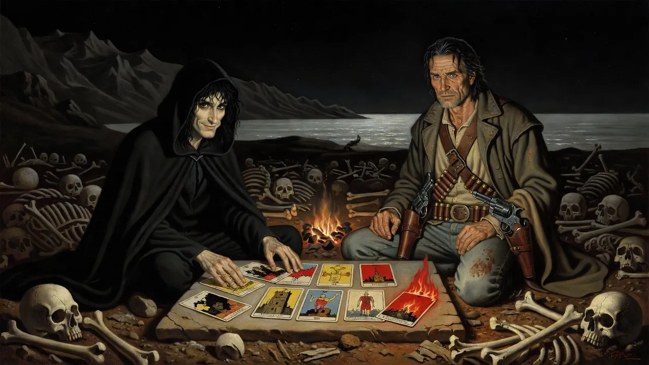 The man in black, hood thrown back, lays out painted cards on a flat stone by firelight while Roland watches across the fire.