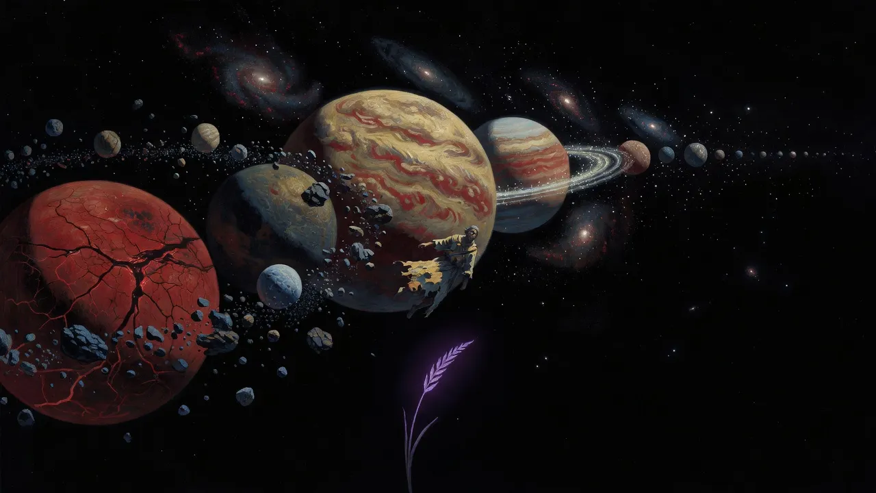 A viewpoint rushes outward past planets and galaxies into darkness, a single purple blade of grass glowing in the foreground.