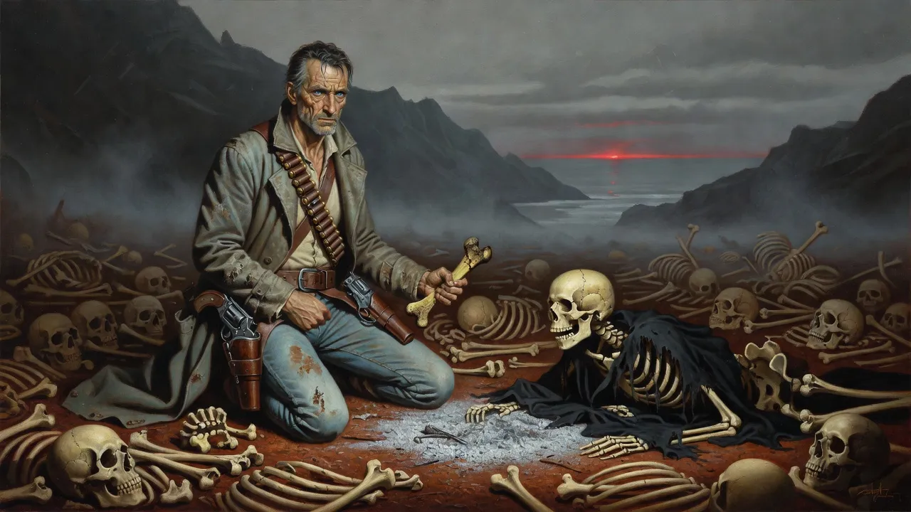 Roland, greyer, sits up from a bed of bones beside a dead fire and a skeleton in rotted black rags, a jawbone in his hand.