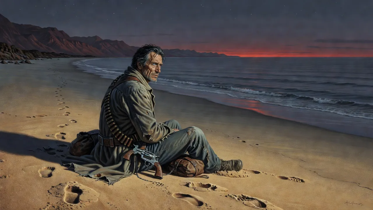 Roland sits alone on a grey beach at dusk with his back to us, looking out at the sea under the first stars.