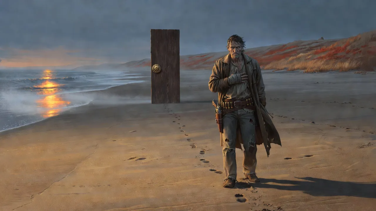 A long grey beach at low sun, a single wooden door standing upright on the sand, and a limping gunslinger with a bandaged hand walking up the beach in front of it.
