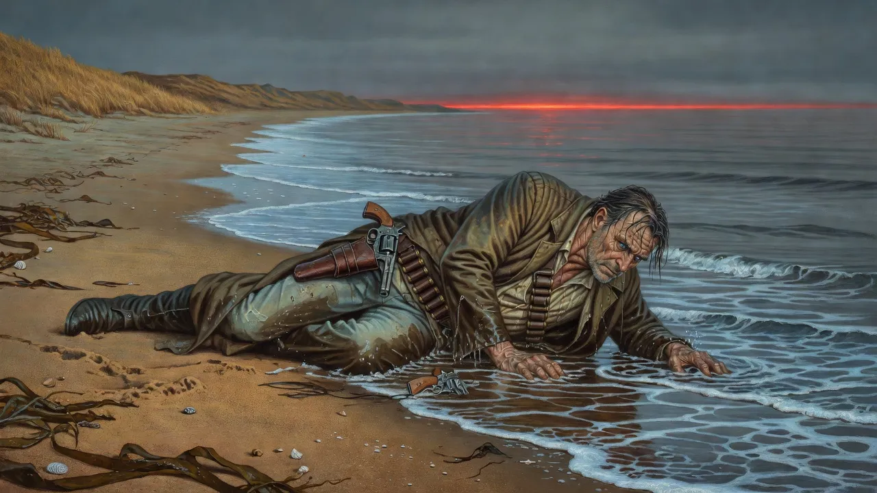 A gunslinger lying face-down at the edge of a grey sea in failing light as a wave slides up around his legs.