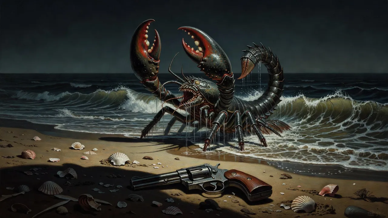 A lobster-like creature rearing out of a breaking wave at night with its claws raised, a revolver lying on the sand in front of it.