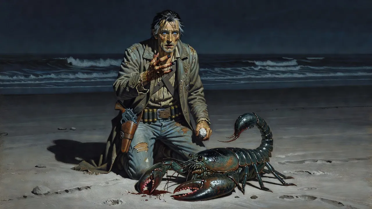 Close view of a man’s right hand on bloody sand with the first two fingers gone, a crushed lobster-like creature under his boot behind.
