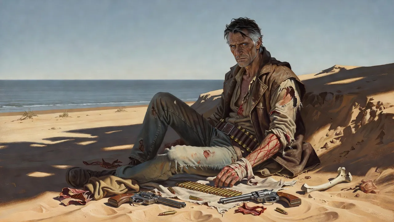 A gunslinger sitting in the shade of a dune laying out cartridges beside a waterskin and a human jawbone, red lines on his forearm.