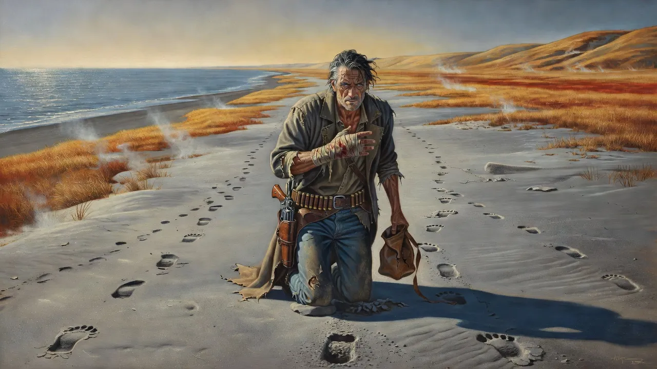 A very wide empty beach with a lone figure fallen to one knee and a long line of footprints behind him.