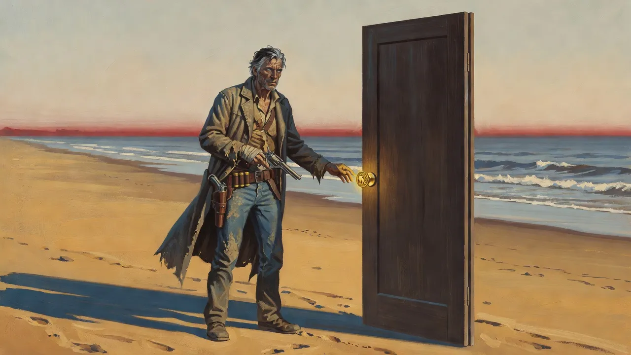 A single door standing alone on a beach with nothing behind it, a gunslinger reaching for its knob.