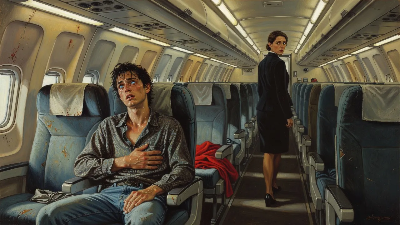A sweating young man in a paisley shirt in an airliner seat, his eyes an unnatural pale blue, a stewardess looking back at him.