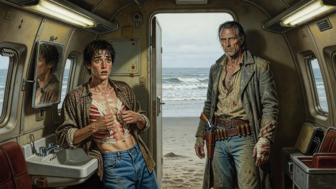 A cramped aircraft lavatory whose back wall opens onto a beach, a young man tearing tape from his ribs and a gaunt gunslinger watching from the sand.