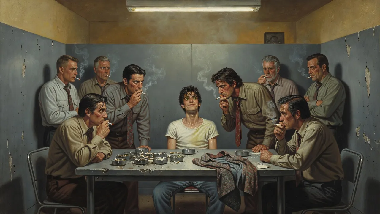 A young man in his underwear on a chair in a windowless room, ringed by seven customs agents who are all smoking.
