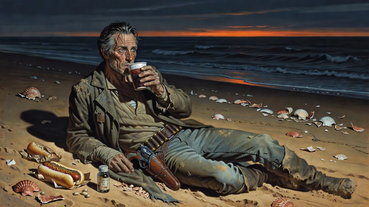 A fevered gunslinger propped on one elbow in the sand at dusk drinking from a paper cup with wonder on his face.