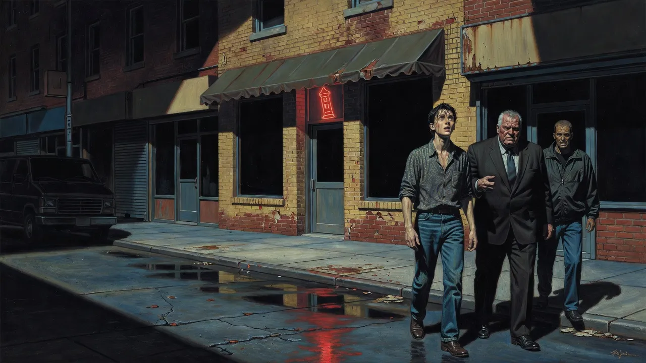 A young man walked between two gangsters toward a dark bar under a red neon sign shaped like a leaning tower.