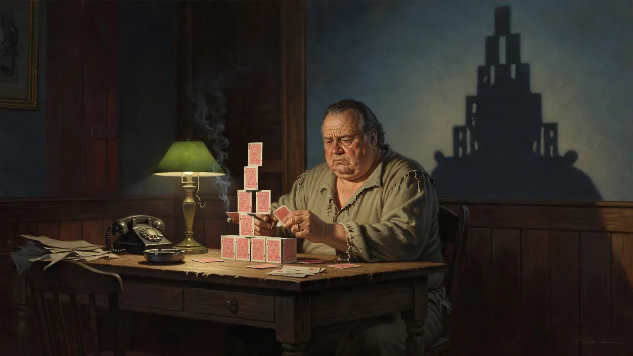 A fat man at a lamplit desk placing a playing card on the third level of a tower of cards.