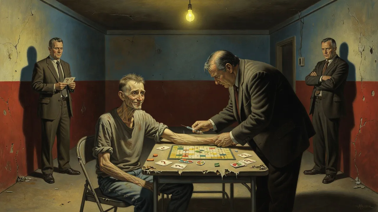 A gaunt man slumped at a board game table with his arm out while a man in a suit holds a hypodermic over the vein.