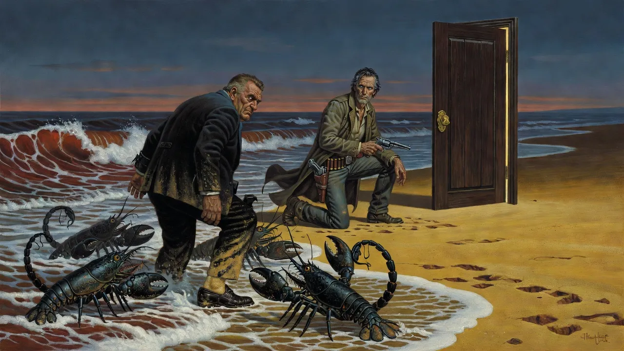 A big man in a suit reeling into the surf at dusk as lobster-like creatures rise around him, a gunslinger kneeling behind with a revolver and an open door standing on the sand.